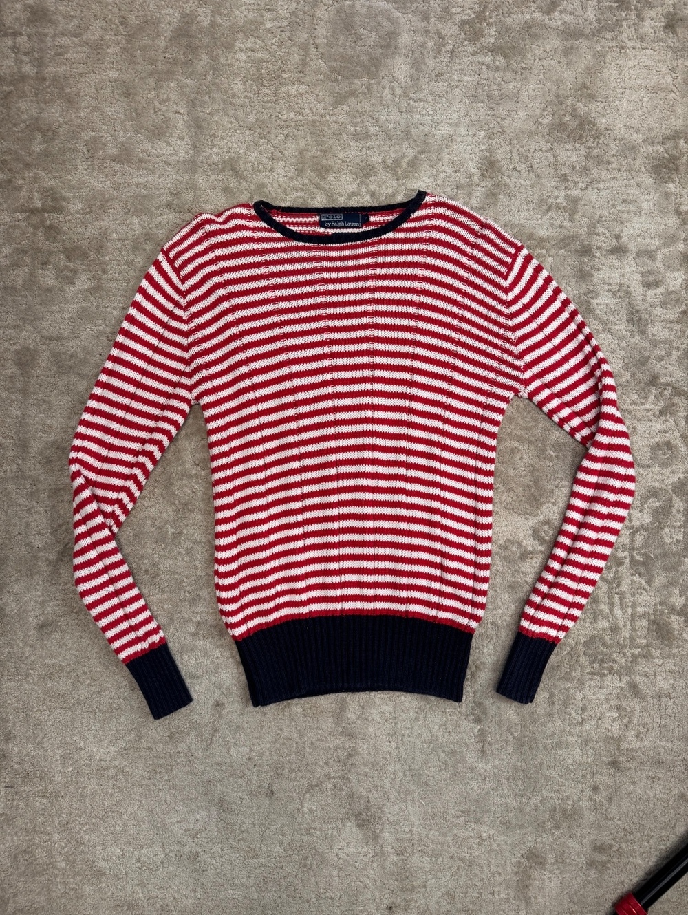Vintage Polo Ralph Lauren Striped Cotton Knit Sweater Red White Navy Preppy